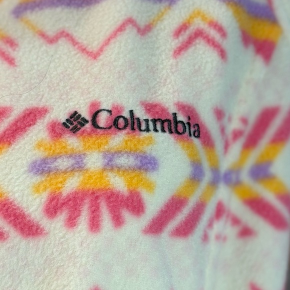 Columbia Women’s XL Fleece Jacket Pink Yellow Pattern Zip Pockets - Picture 2 of 10